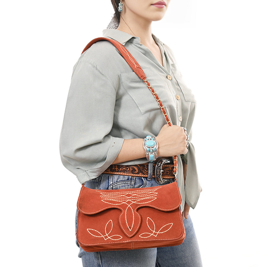 American Darling Boot Stitched Genuine Suede Leather Small Cross body Bag, Genuine Leather Western Purse with YKK Zipper