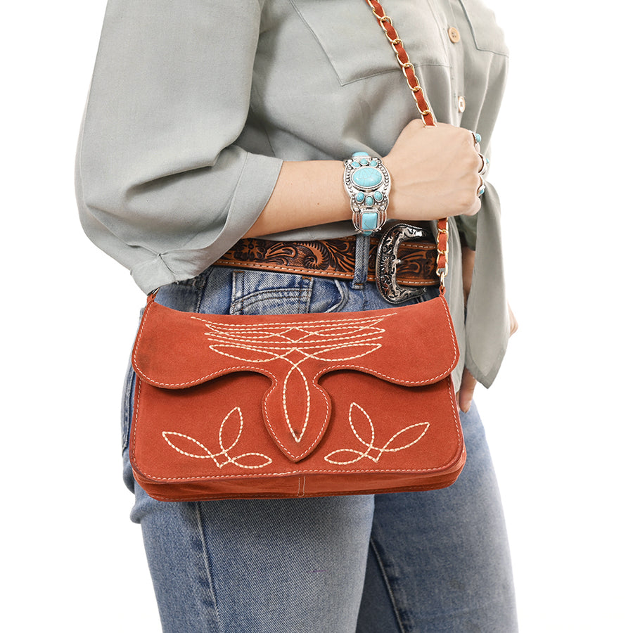 American Darling Boot Stitched Genuine Suede Leather Small Cross body Bag, Genuine Leather Western Purse with YKK Zipper
