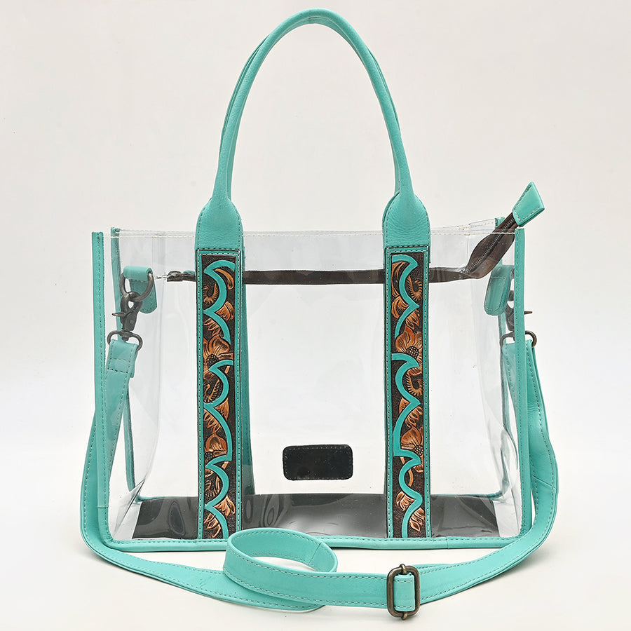 American Darling Clear Stadium Tote Bag with Hand Tooled Genuine Leather Trim | Floral Carved Straps & Top YKK Zipper Closure