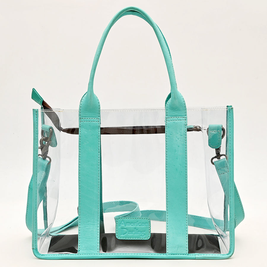 American Darling Clear Stadium Tote Bag with Hand Tooled Genuine Leather Trim | Floral Carved Straps & Top YKK Zipper Closure
