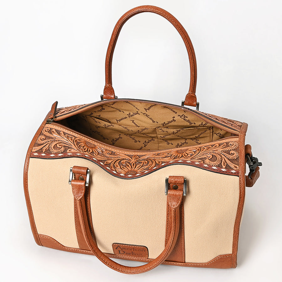 American Darling Western Duffel Bag Handcrafted from Genuine Leather & Canvas | Floral Tooled Trim, Buckstitch Detail & YKK Zipper