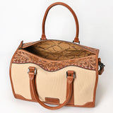 American Darling Western Duffel Bag Handcrafted from Genuine Leather & Canvas | Floral Tooled Trim, Buckstitch Detail & YKK Zipper