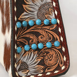 American Darling Western Wallet Bag Handcrafted from Hair-On Cowhide & Hand-Tooled Genuine Leather | Turquoise Stone Accent, Buckstitch & YKK Zipper