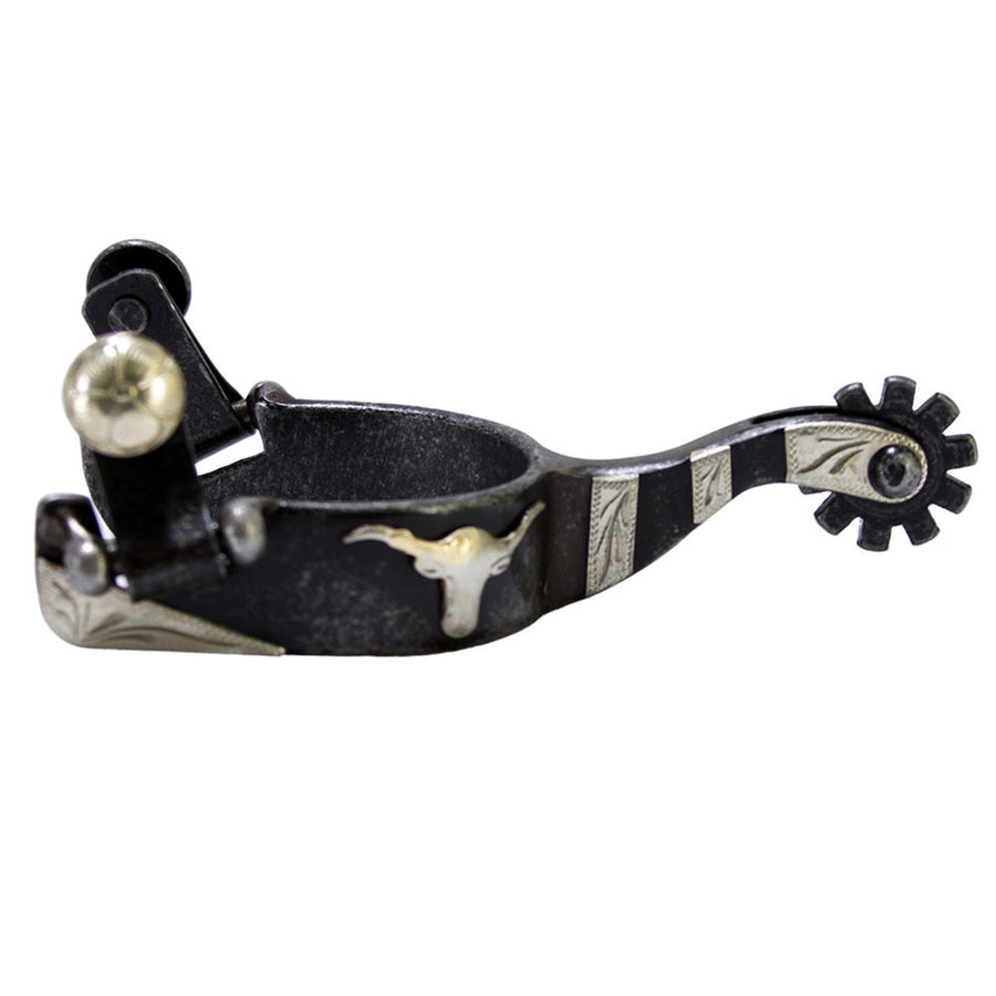 Hilason Black Steel Youth Show Spurs Engraved German Silver Trim And Conchos - Uhorse