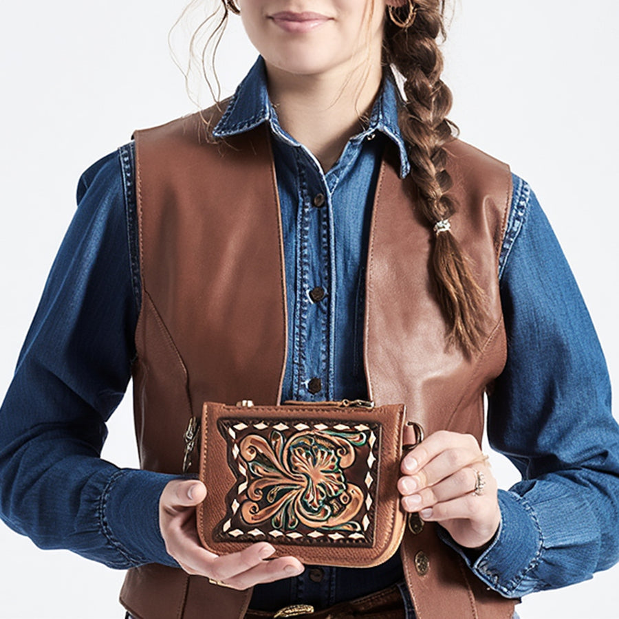 American Darling Hand Tooled Floral Carved Coin Purse Genuine Vegetable-Tanned Full Grain Leather Western Accessories