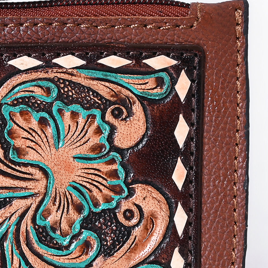American Darling Hand Tooled Floral Carved Coin Purse Genuine Vegetable-Tanned Full Grain Leather Western Accessories