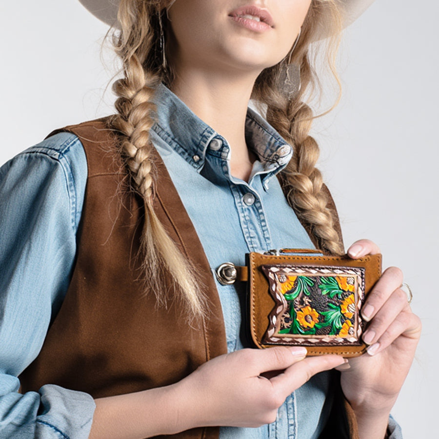 American Darling Hand Tooled Floral Carved Coin Purse Genuine Vegetable-Tanned Full Grain Leather Western Accessories