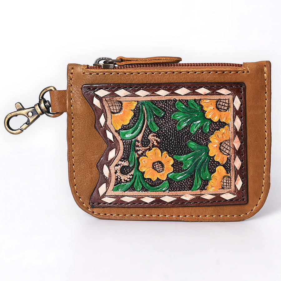 American Darling Hand Tooled Floral Carved Coin Purse Genuine Vegetable-Tanned Full Grain Leather Western Accessories