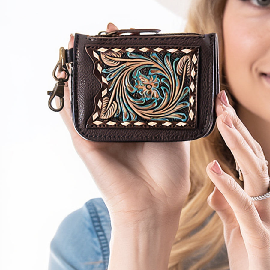 American Darling Hand Tooled Floral Carved Coin Purse Genuine Vegetable-Tanned Full Grain Leather Western Accessories