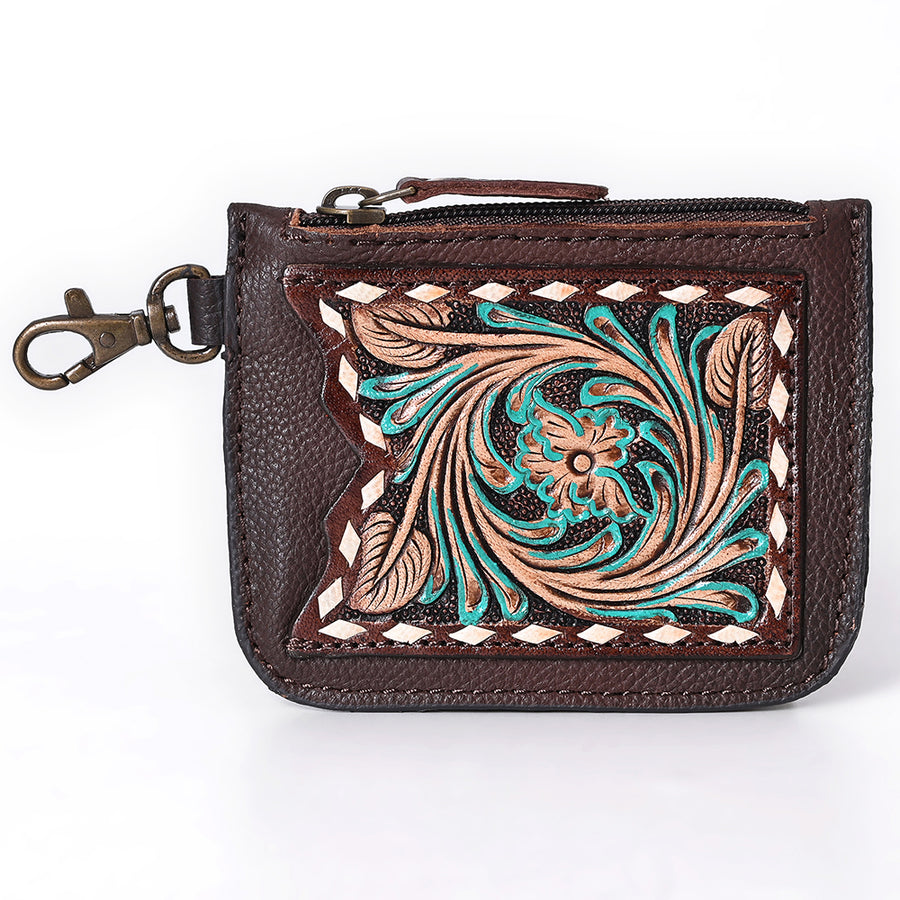American Darling Hand Tooled Floral Carved Coin Purse Genuine Vegetable-Tanned Full Grain Leather Western Accessories