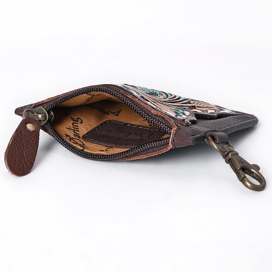 American Darling Hand Tooled Floral Carved Coin Purse Genuine Vegetable-Tanned Full Grain Leather Western Accessories