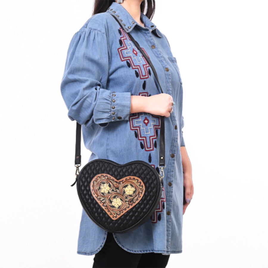 American Darling Women's Quilted Hand Tooled Floral Carved Genuine Leather Canteen Bag Eco-Friendly Full Grain Western Purse