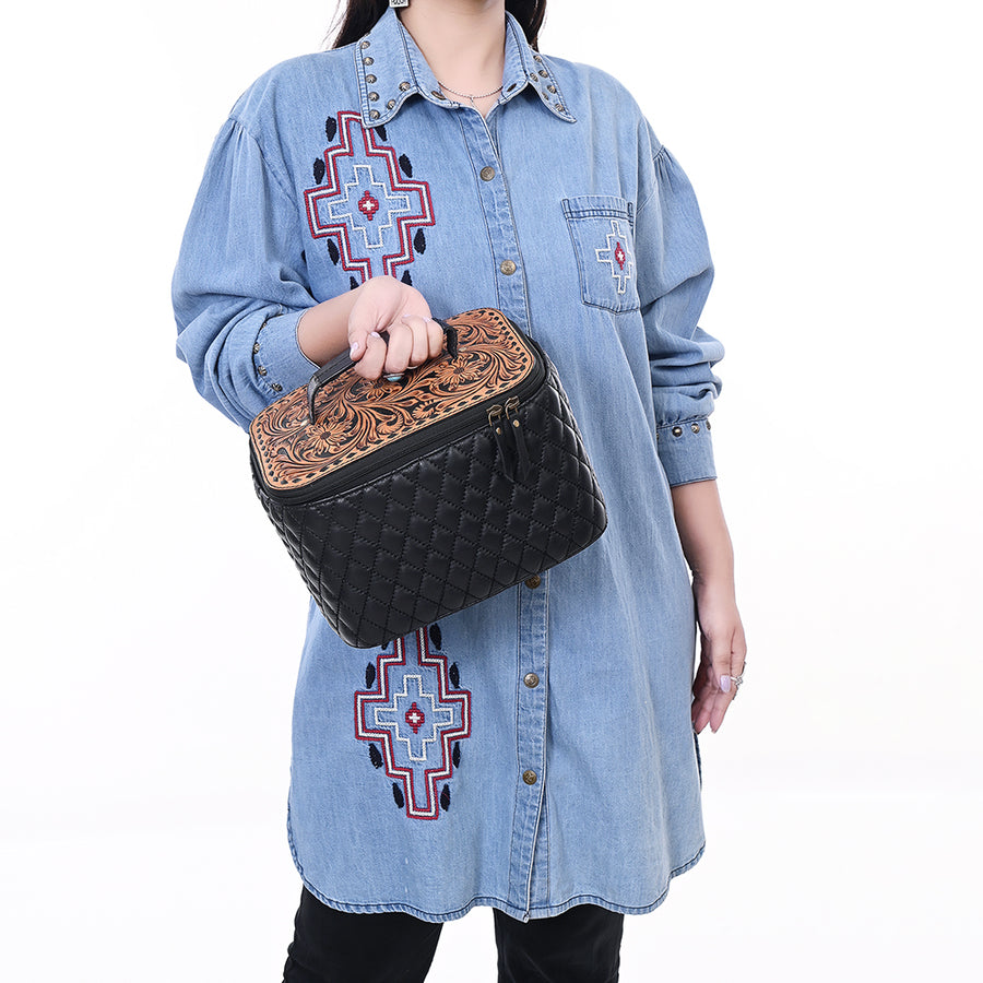 American Darling Women's Quilted Hand Tooled Floral Carved Genuine Leather Jewelry Case Eco-Friendly Full Grain Western Box