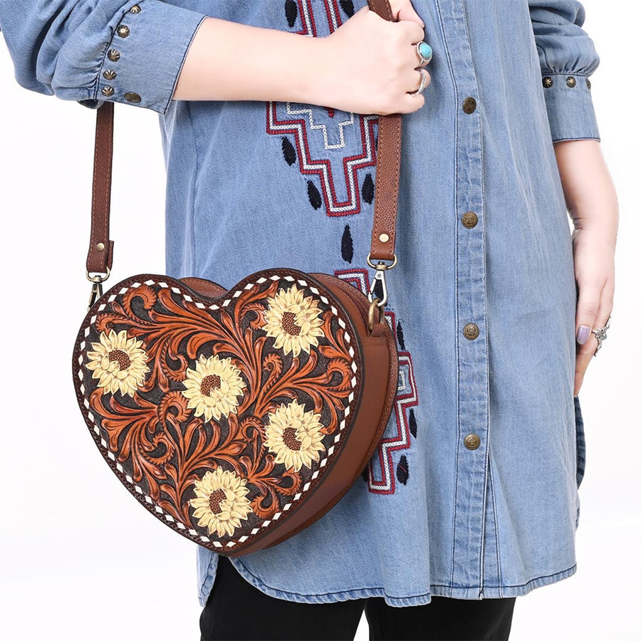 American Darling Women's Hand Tooled Floral Carved Genuine Leather Canteen Bag Eco-Friendly Full Grain Western Purse