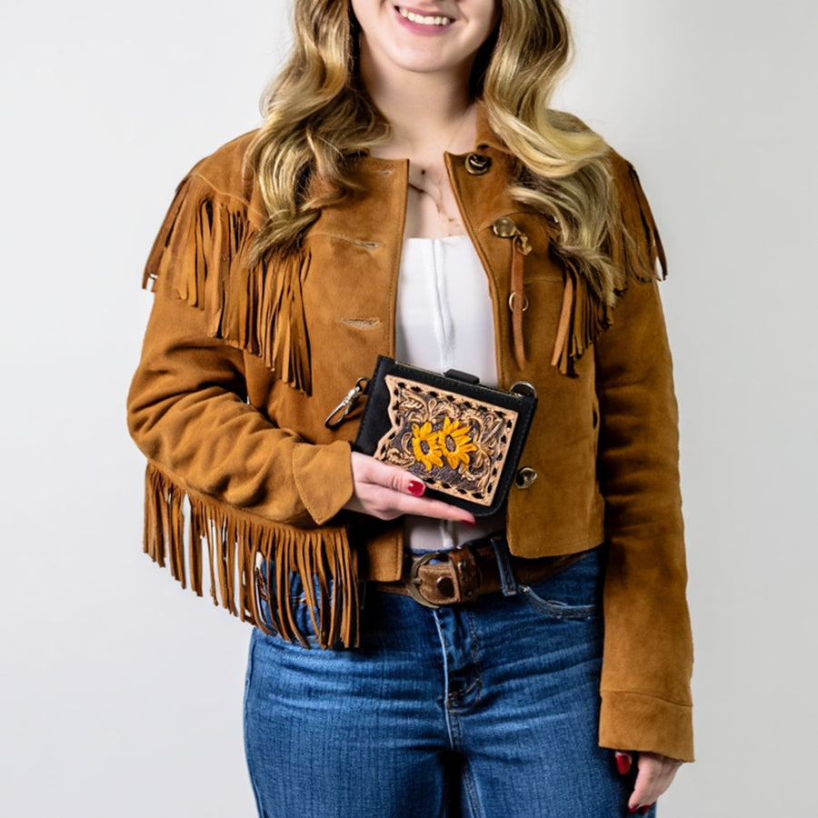 American Darling Women's Hand Tooled Floral Carved Genuine Leather Coin Purse Eco-Friendly Full Grain Western Wallet