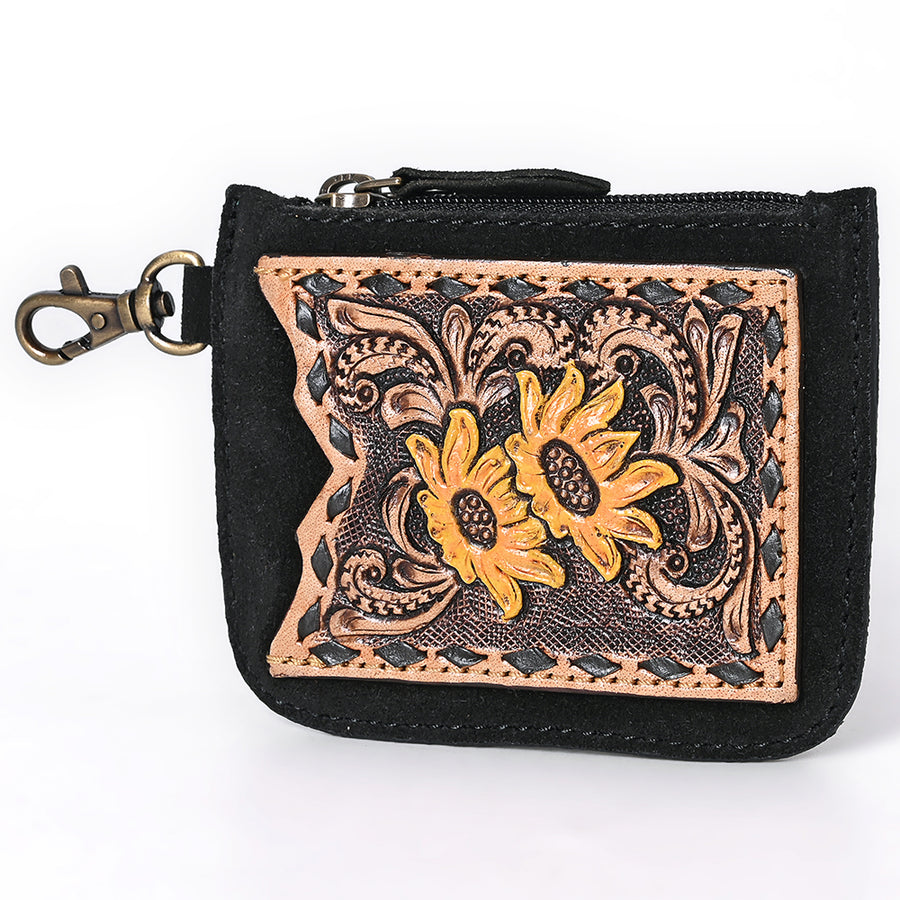 American Darling Hand Tooled Floral Carved Genuine Leather Coin Purse - Uhorse