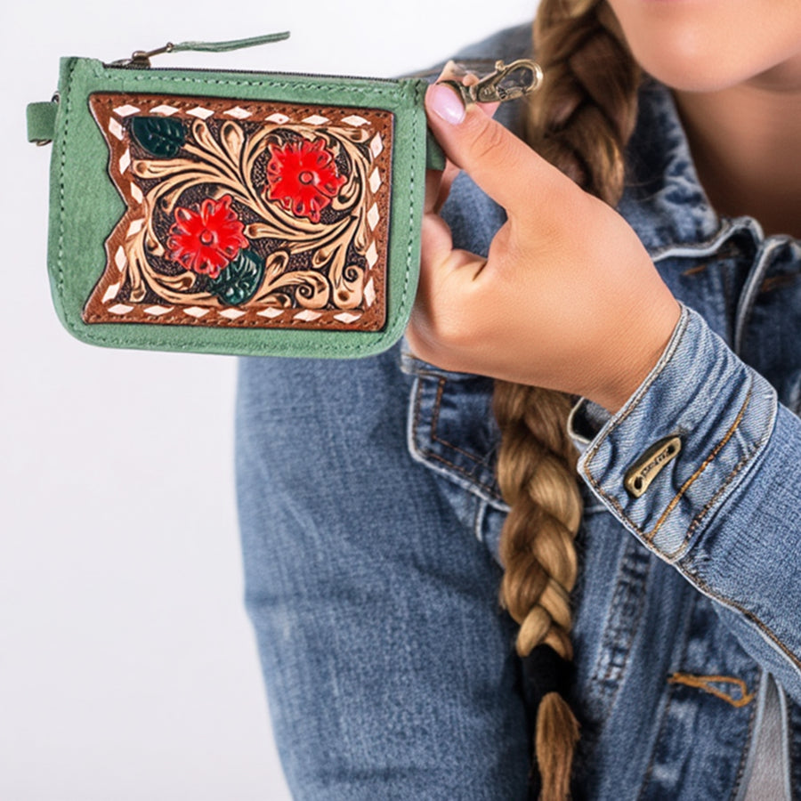 American Darling Women's Hand Tooled Floral Carved Genuine Leather Coin Purse Eco-Friendly Full Grain Western Wallet