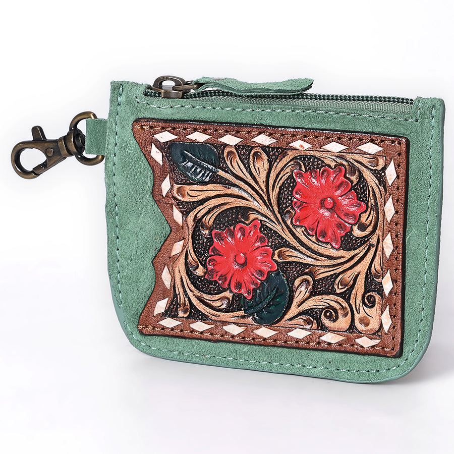 American Darling Hand Tooled Floral Carved Genuine Leather Coin Purse - Uhorse
