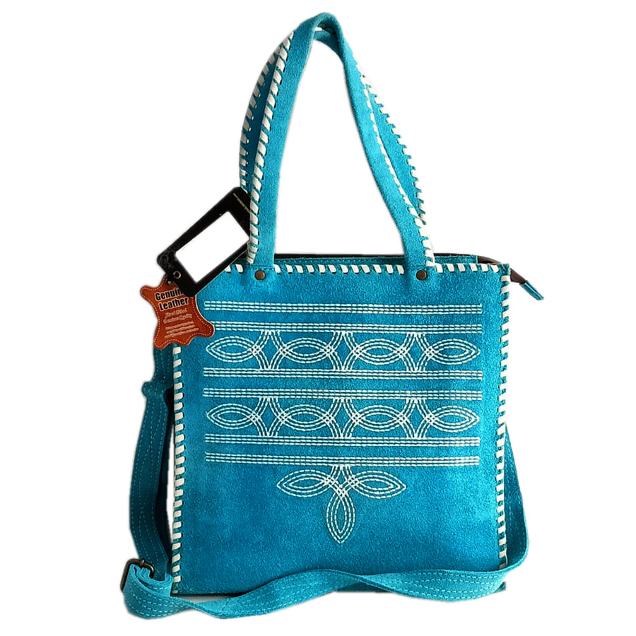 Turquoise leather tote bag with white geometric stitching - Uhorse