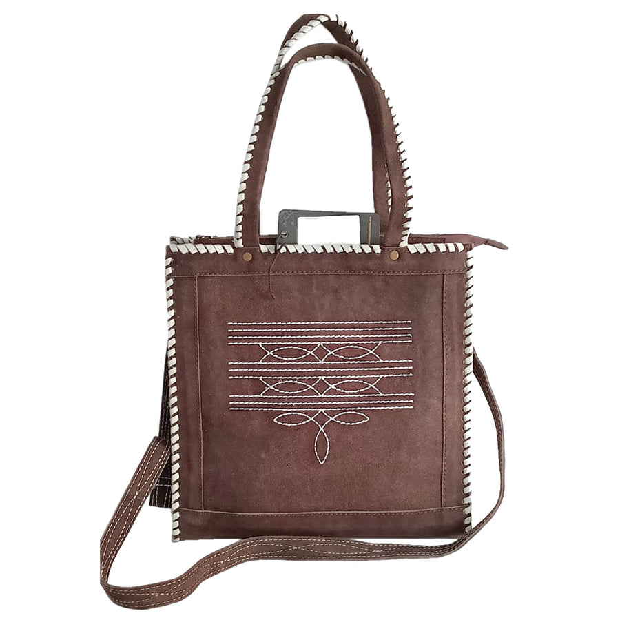 Brown leather tote bag with whipstitched edges and embroidered detail - Uhorse