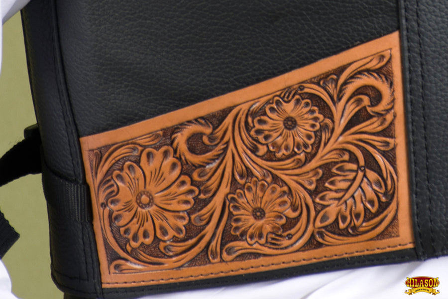 Large Hilason Bull Riding Rodeo Floral Hand Carved Genuine Leather Vest Black Safety Protective Gear Equipment