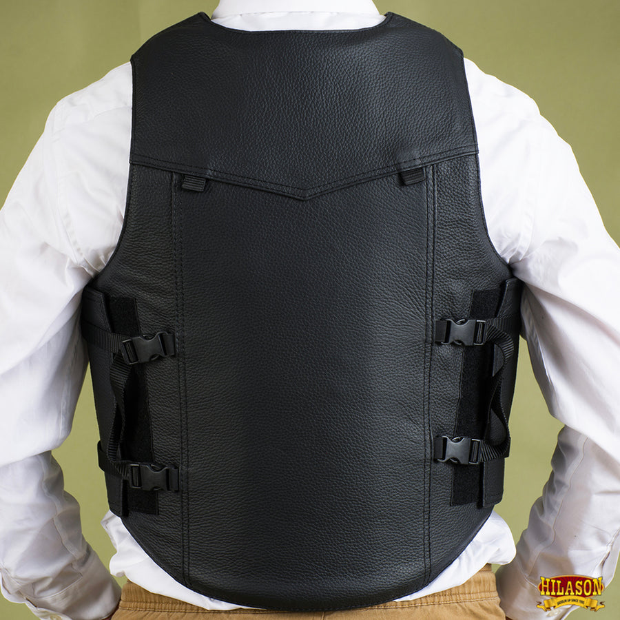 Large Hilason Bull Riding Rodeo Floral Hand Carved Genuine Leather Vest Black Safety Protective Gear Equipment