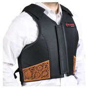 Large Hilason Bull Riding Rodeo Floral Hand Carved Genuine Leather Vest Black Safety Protective Gear Equipment