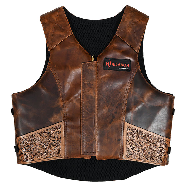 Hilason Bull Riding Rodeo Floral Hand Carved Genuine Leather Vest Black Safety Protective Gear Equipment - Uhorse