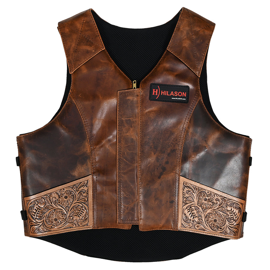 Medium Hilason Bull Riding Rodeo Floral Hand Carved Genuine Leather Vest Black Safety Protective Gear Equipment - Uhorse