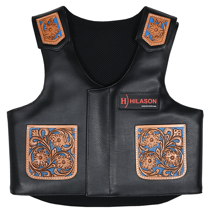Hilason Bull Riding Kids Junior Youth Pro Rodeo Genuine Leather Vest With Floral Hand Carved - Uhorse