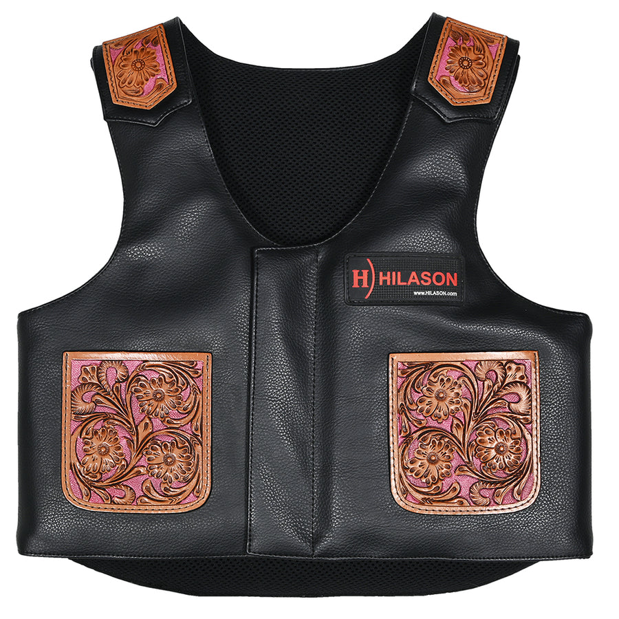Hilason Bull Riding Kids Junior Youth Pro Rodeo Genuine Leather Vest With Floral Hand Carved - Uhorse