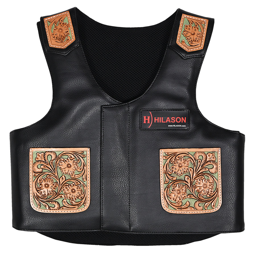 Hilason Bull Riding Kids Junior Youth Pro Rodeo Genuine Leather Vest With Floral Hand Carved - Uhorse