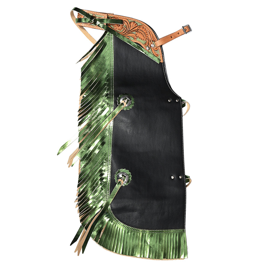 Hilason Pro Rodeo Bull Riding Chaps Western Leather kid Black Green Fringes - Uhorse