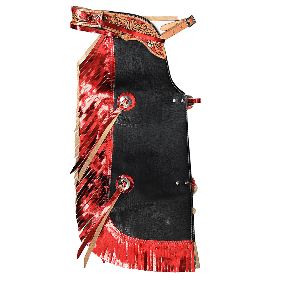 Hilason Pro Rodeo Bull Riding Chaps Western Leather kid Black Red Fringes - Uhorse