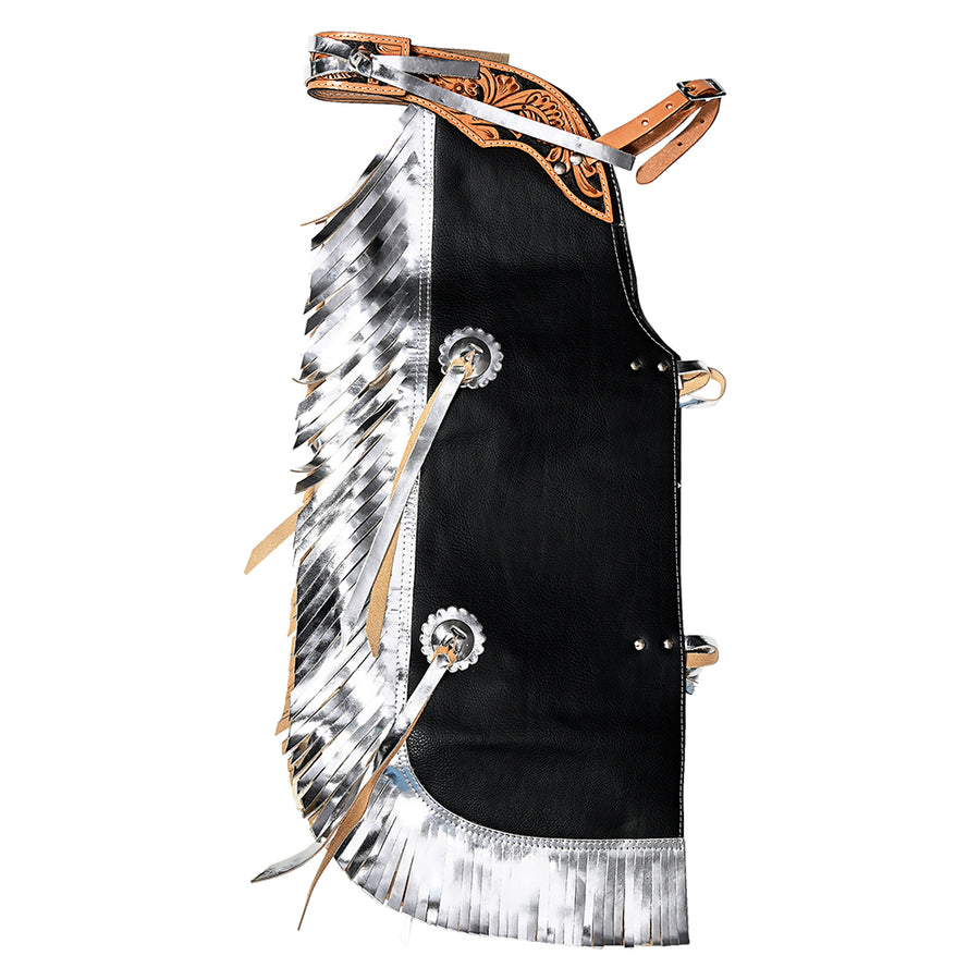 Hilason Pro Rodeo Bull Riding Chaps Western Leather kid Black Silver Fringes - Uhorse