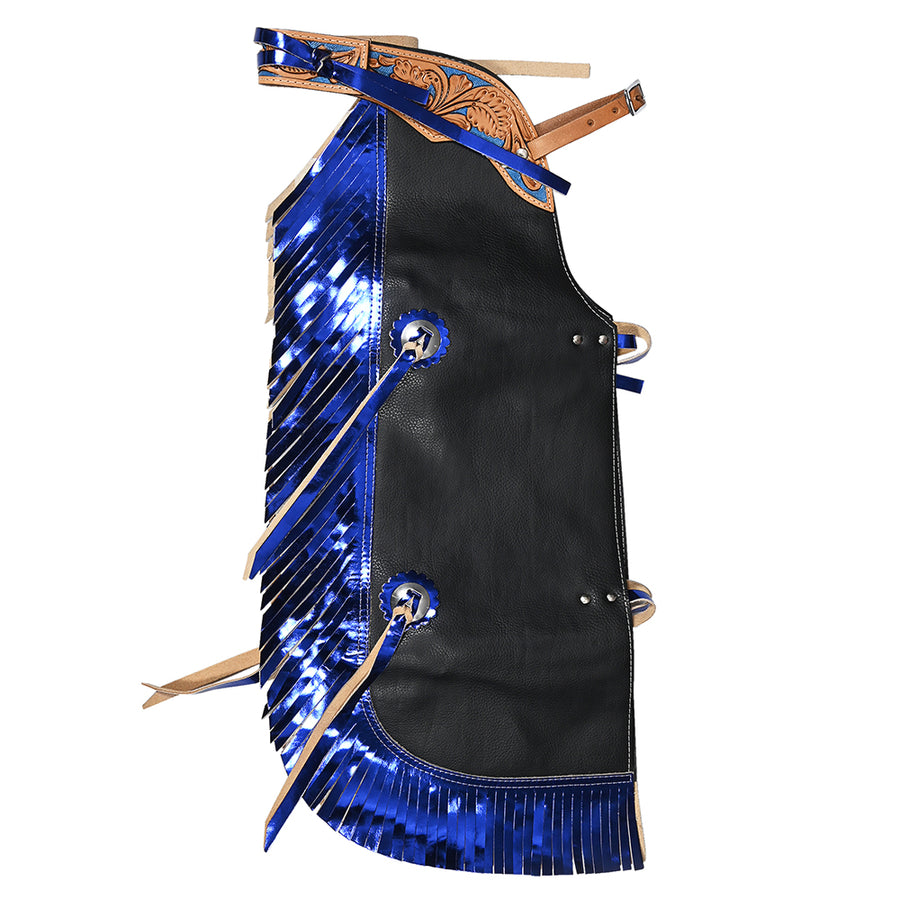 Hilason Pro Rodeo Bull Riding Chaps Western Leather kid Black Blue Fringes - Uhorse