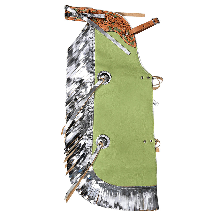 Hilason Pro Rodeo Bull Riding Chaps Western Leather kid Green Silver Fringes - Uhorse