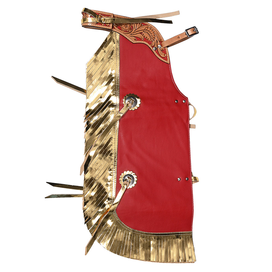 Hilason Pro Rodeo Bull Riding Chaps Western Leather kid Red Golden Fringes - Uhorse