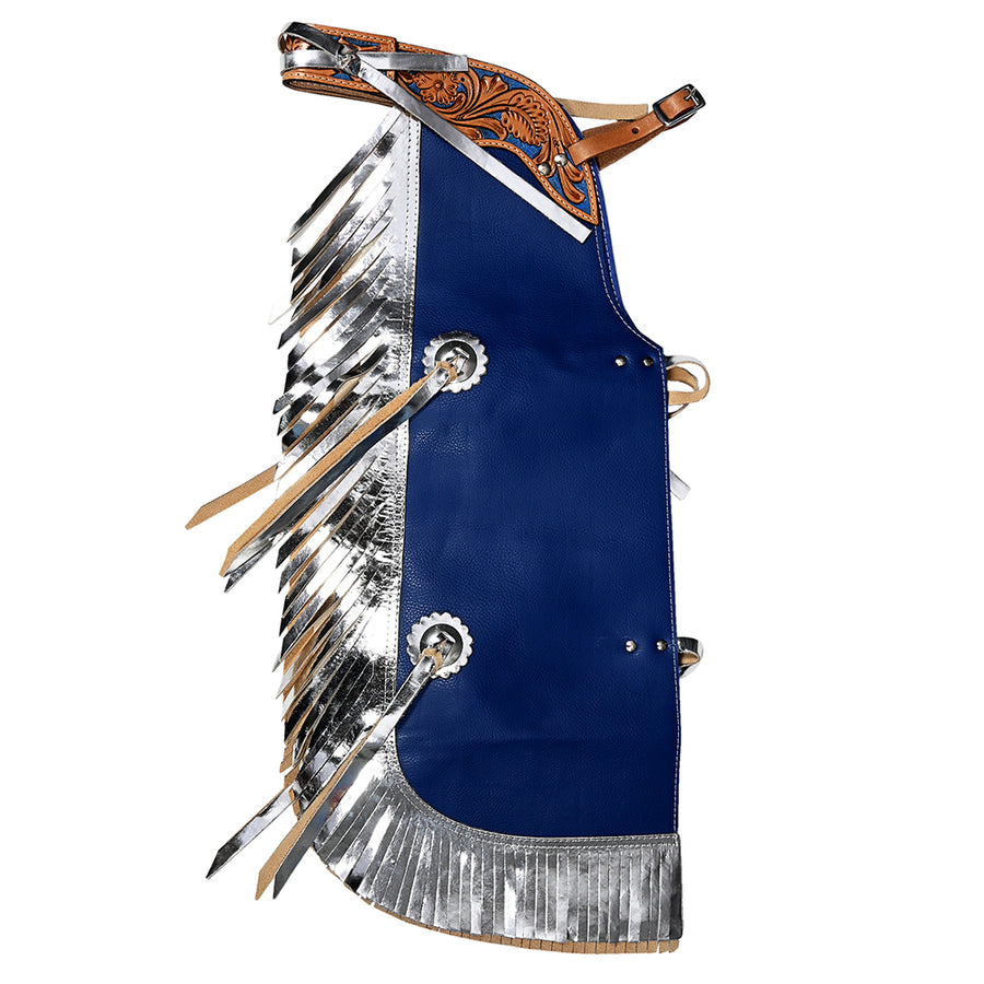 Hilason Pro Rodeo Bull Riding Chaps Western Leather kid Blue Silver Fringes - Uhorse