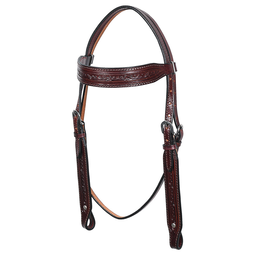 Hilason Western Horse Barb Wire Hand Tooled Genuine Leather Headstall Brown Stainless Steel Hardware - Uhorse