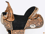 Hilason Western Horse Treeless Trail Barrel Saddle American Leather Floral Tan & Black Inlay