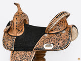 Hilason Western Horse Treeless Trail Barrel Saddle American Leather Floral Tan & Black Inlay