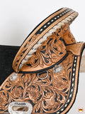 Hilason Western Horse Treeless Trail Barrel Saddle American Leather Floral Tan & Black Inlay