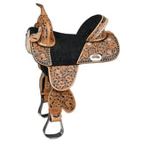 14 In Hilason Western Horse Treeless Trail Barrel Saddle American Leather Floral Tan and Black Inlay - Uhorse