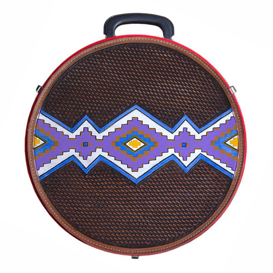 Red leather round saddle bag with geometric tribal pattern - Uhorse