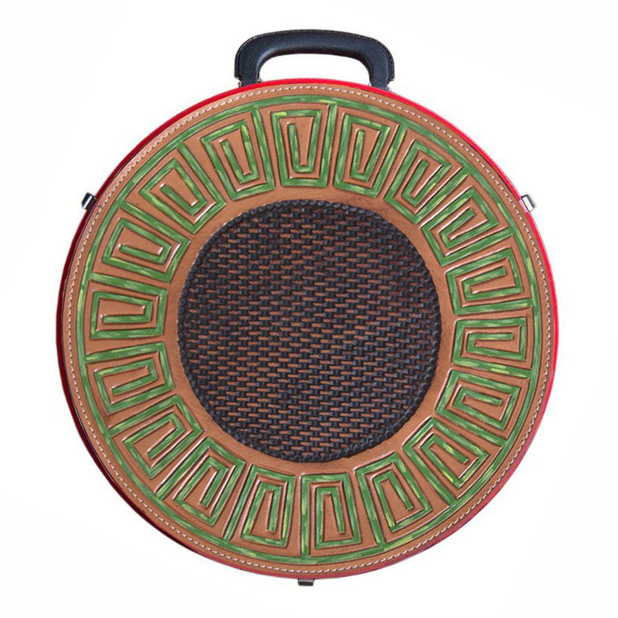 Red leather round saddle bag with green geometric tooling - Uhorse