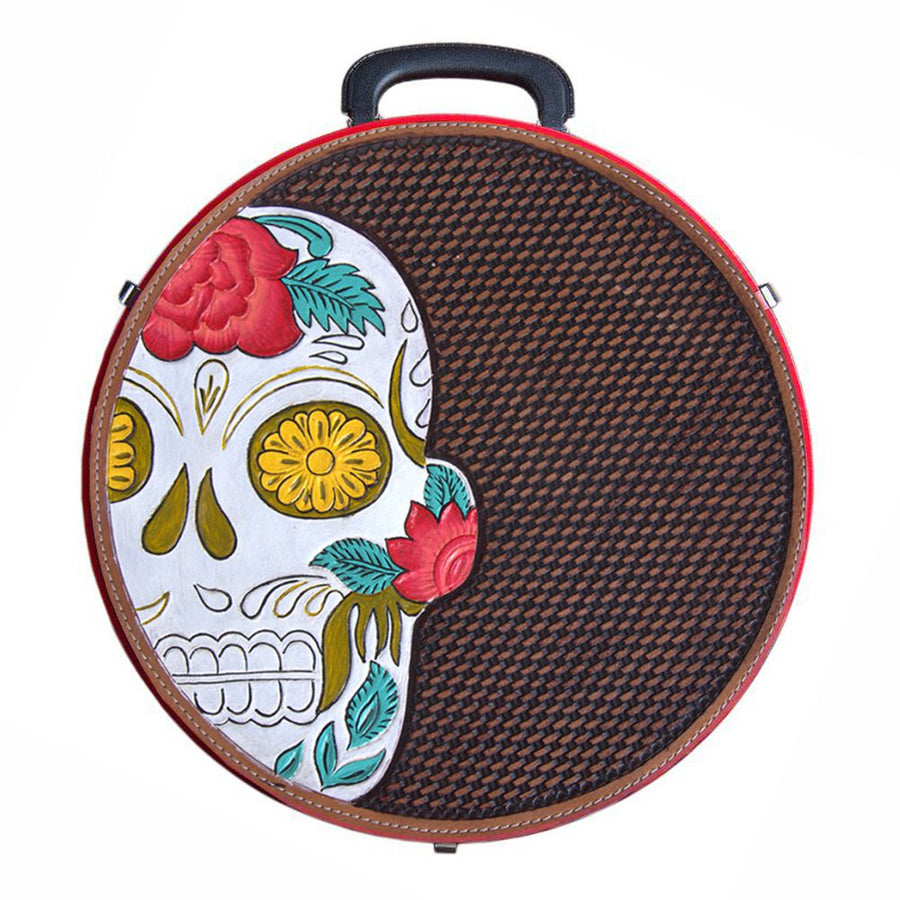 Red leather round suitcase with sugar skull design - Uhorse
