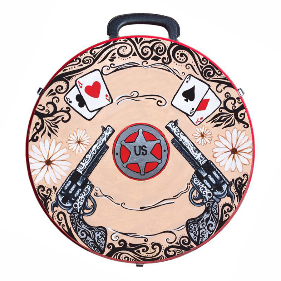 Red round tooled leather suitcase with western design - Uhorse