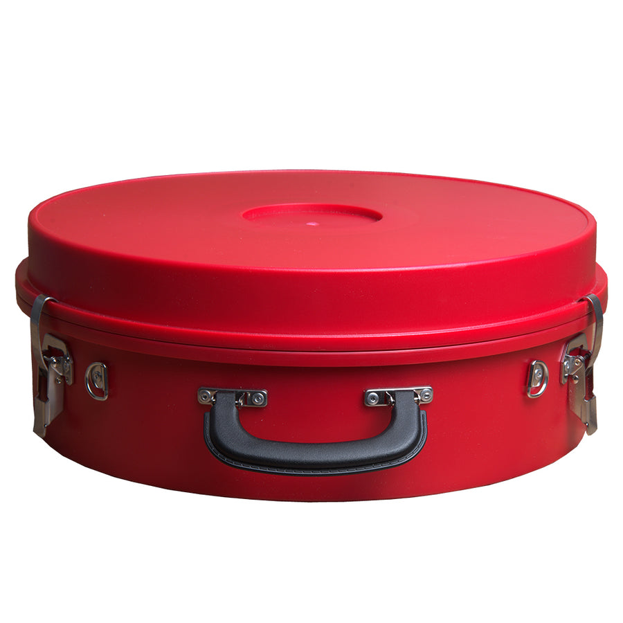 Red metal round carrying case with black handle - Uhorse