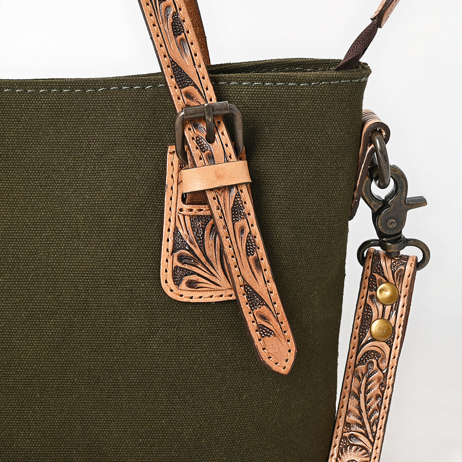 American Darling Western Cross Body Bag Handcrafted from Canvas & Tooled Genuine Leather | Floral Carved Straps, Detachable Carry & YKK Zipper